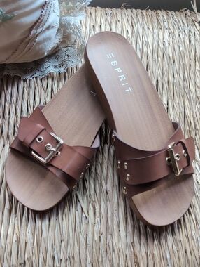 Esprit Brown Slide Mules with Buckle & Stud Accents